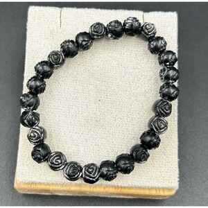 Vintage Beaded Bracelet Black Plastic Flowers Floral Stretch Single Strand Retro